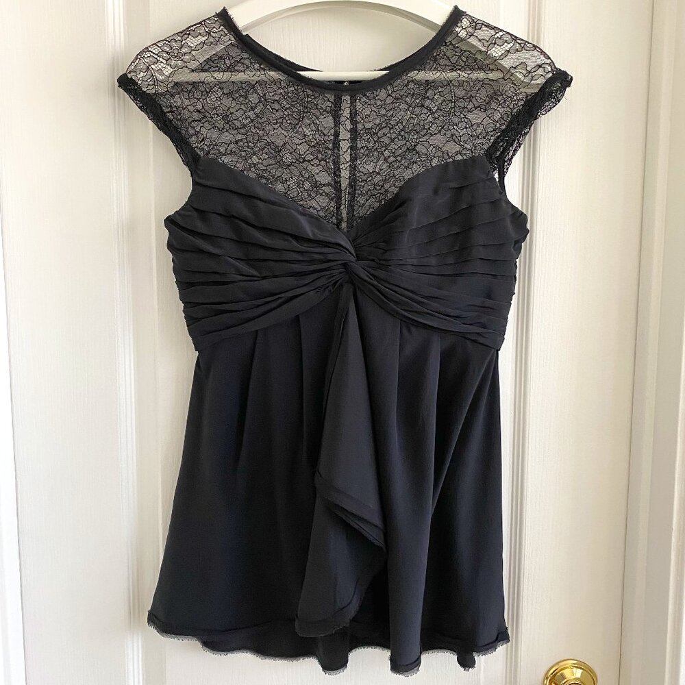 BCBG Max Azria 100% Silk blouse with Delicate Lace Illusion Neckline - Black